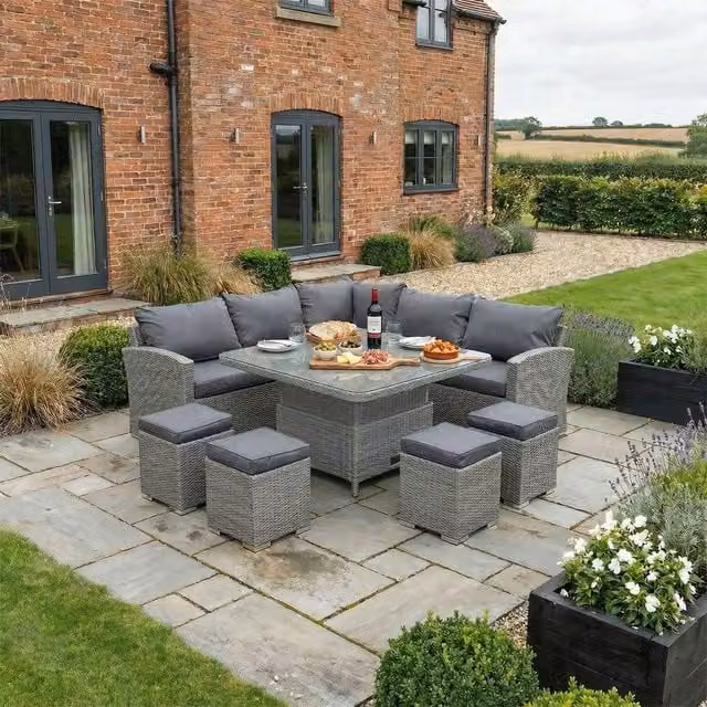 Bracken Outdoors Dakota Corner Sofa Set with Square Height Adjustable Table in Grey Rattan