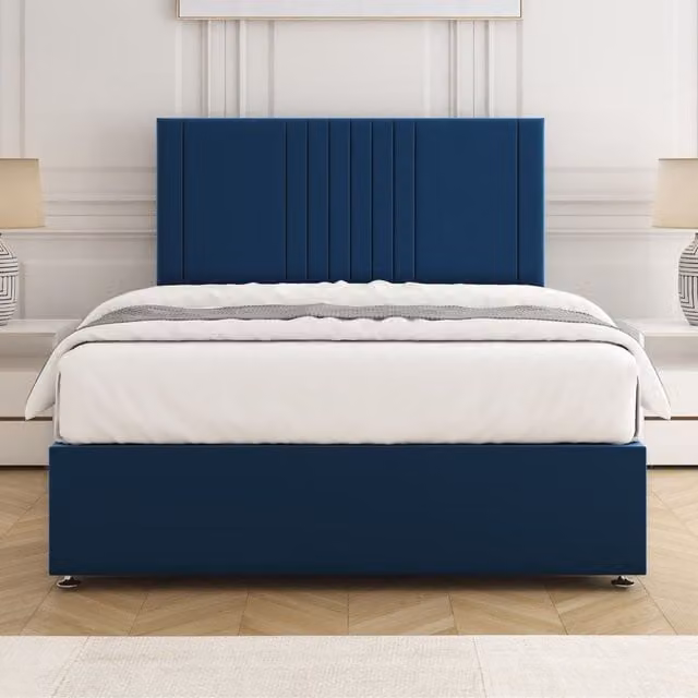 BSSPOKE Monaco Velvet Plush Divan Bed Set with 24 inch Headboard and Mattress in Blue, Super King, W/D/H: 200 x 200 cm – 1