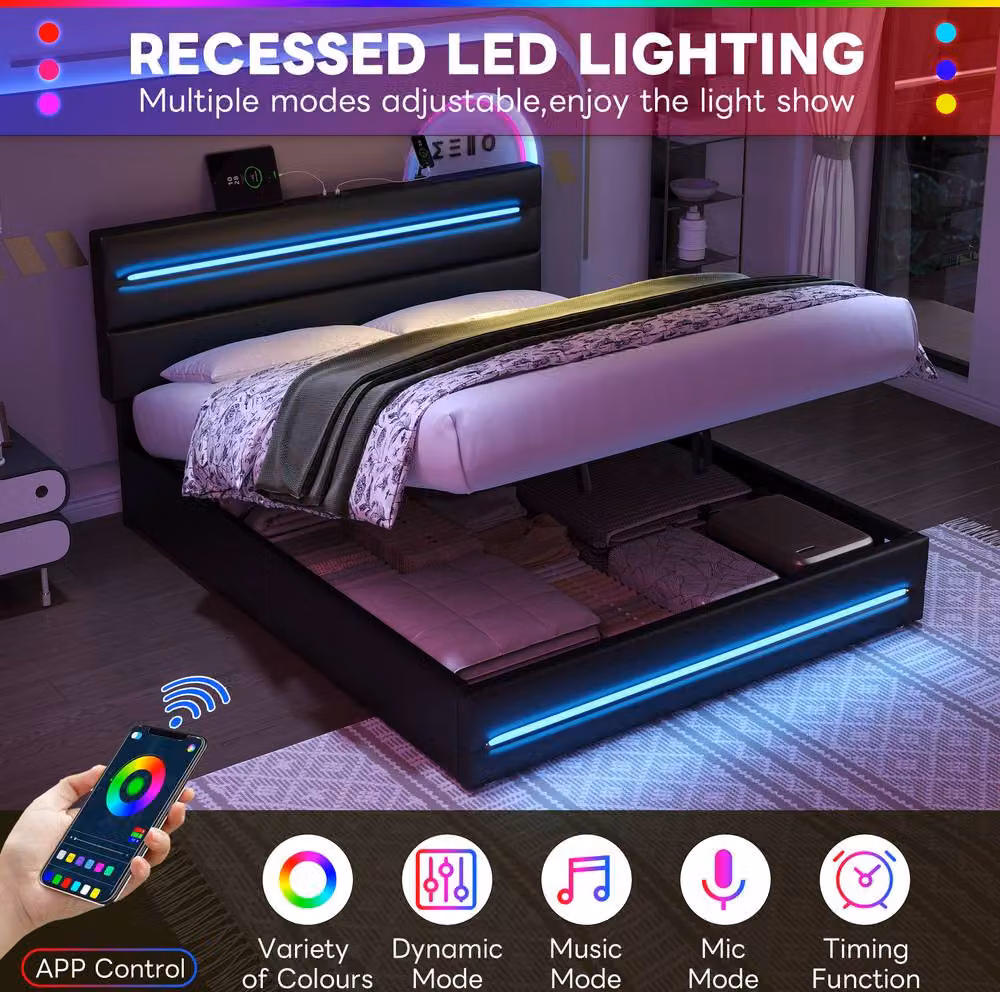 STILVORA King Size Ottoman Bed with Under-Bed LED Lighting and USB Charging Ports in Black – 4
