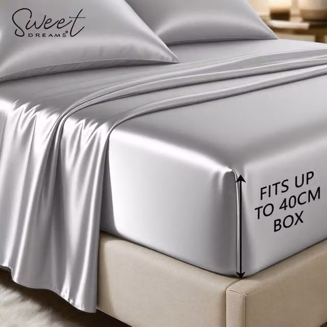 Sweet Dreams Silk Luxury Deep Box Fitted Sheet in Silver/Grey, Single, W/D/H: 90 x 200 x 38 cm