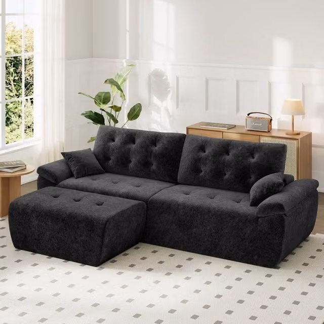 Dprodo 4 Seater L Shaped Chenille Sofa in Black, Reversible Modular Sectional with Matching Ottoman and Scatter Cushions, Width: 275 cm