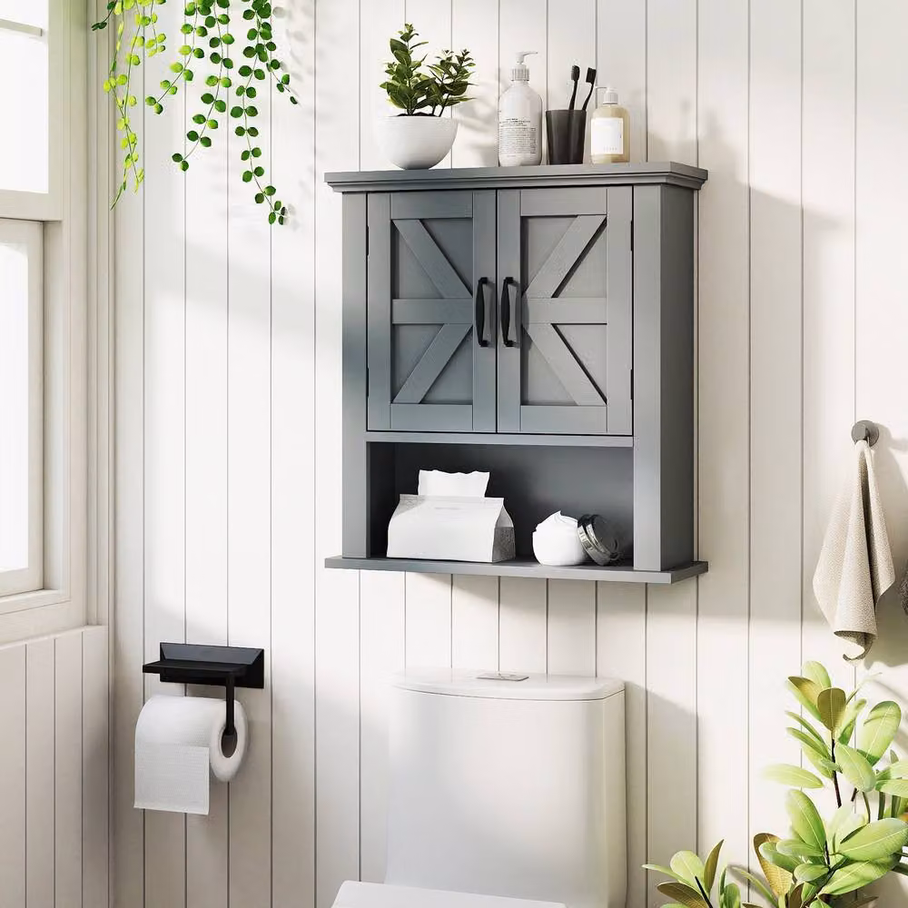 Costway Grey Wall Mounted Medicine Cabinet with Hinged Doors and Internal Shelves – 3