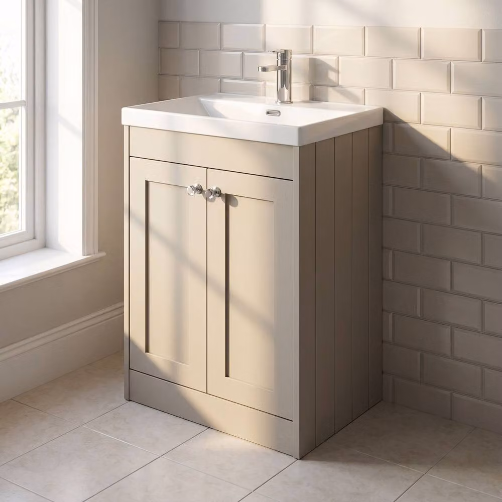Balterley Floor Standing 2 Door Vanity Unit with Thin Edge Basin and 1 Tap Hole, Pebble Grey, W: 60 cm, D: 45.3 cm, H: 80 cm – 2