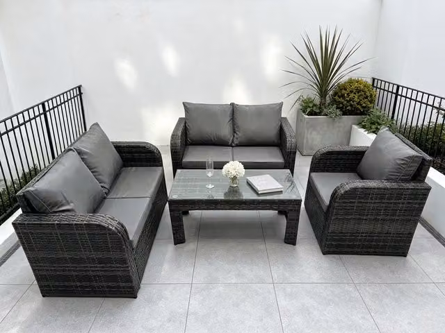 Fimous 5 Seater Grey PE Rattan L-Shape Outdoor Lounge Set with Coffee Table and Upholstered Cushions