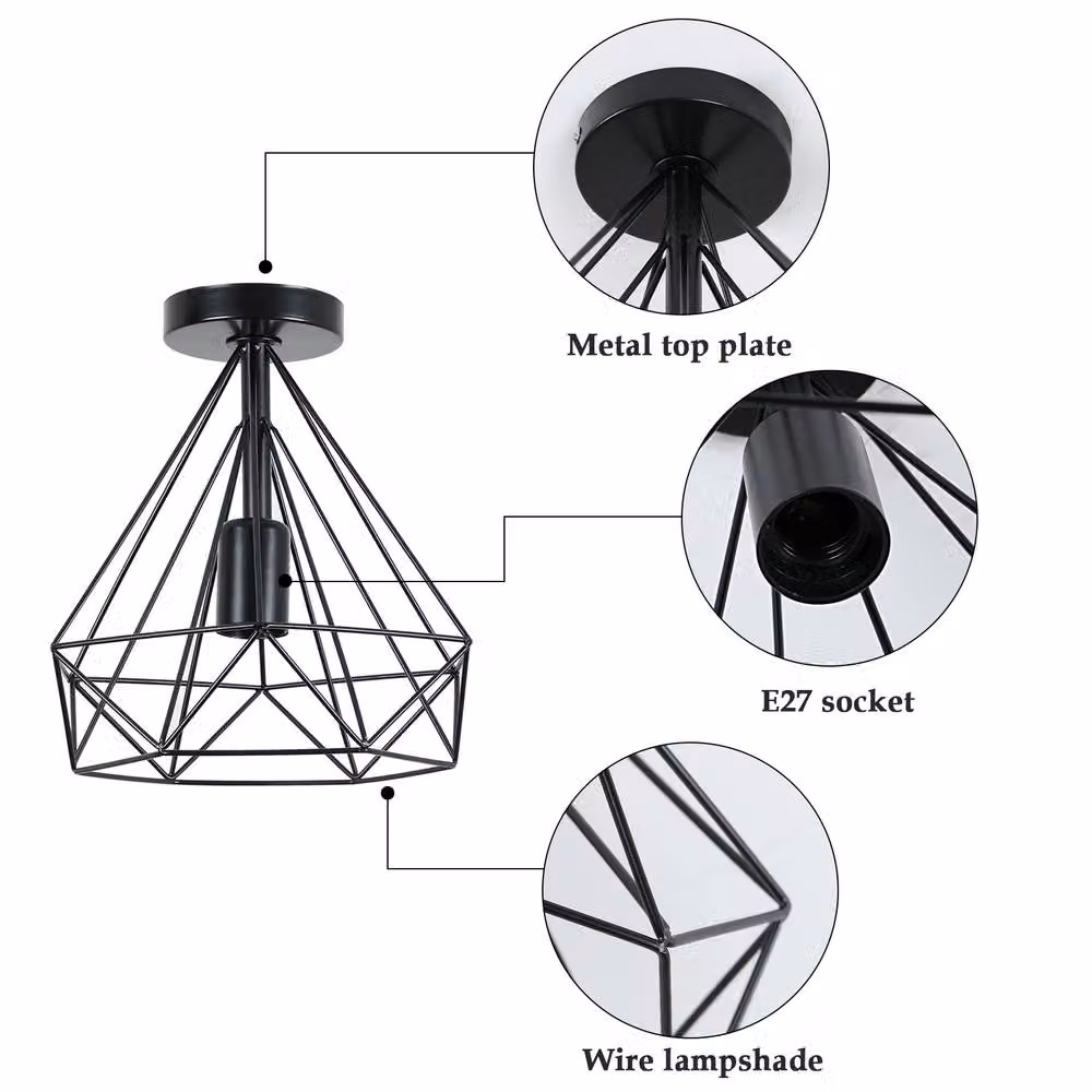 Goeco Industrial Diamond Cage Semi Flush Mount Ceiling Light in Black – 5