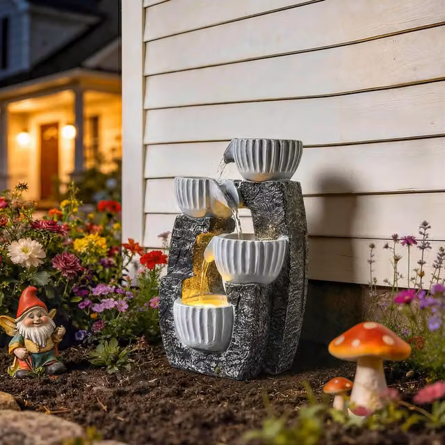 Outsunny 4-Tier Cascade Bowl Water Feature with LED Lights, Dark Grey