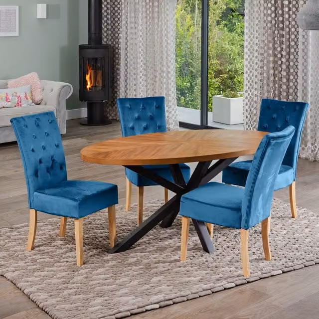 Artemis Home Oval Dining Table Set with 4 Blue Velvet Chairs