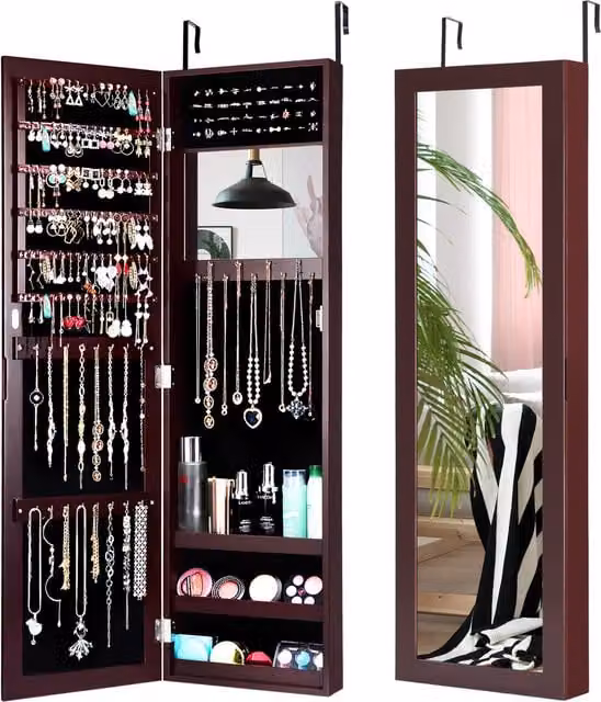 Costway Large Capacity Mirrored Jewelry Cabinet with Internal Shelves and Magnifying Insert, Brown
