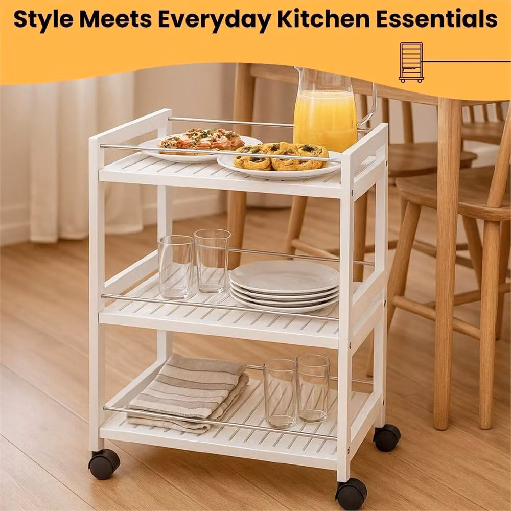 Nordara 3 Tier Wooden Kitchen Storage Cart with Castors in White – 2
