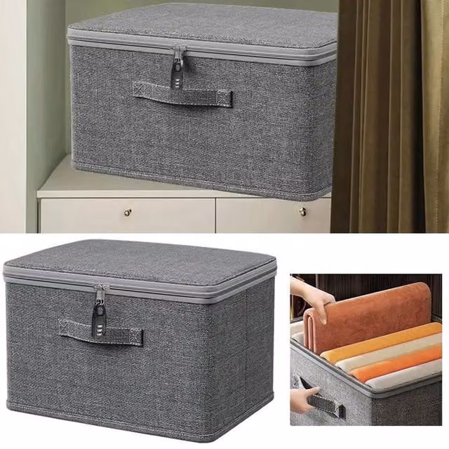 KORVIXA Large Foldable Canvas Fabric Clothes Basket with Lid and Handles, Grey, Width: 90 cm – 1