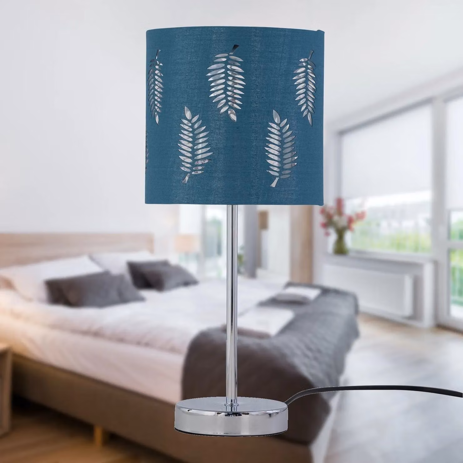 First Choice Lighting Set of 2 Chrome Touch Operated Dimmable Table Lamps with Teal Fabric Shades – 4