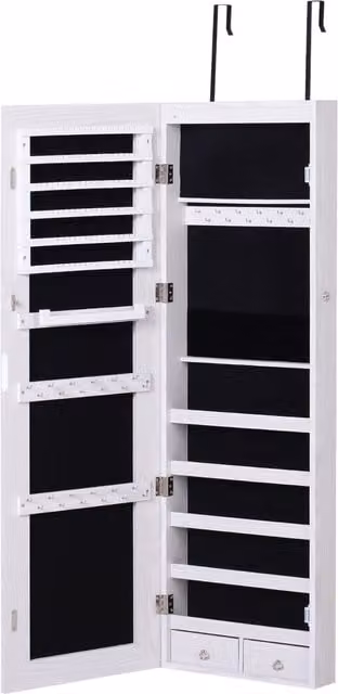 HOMCOM White Mirrored Jewellery Cabinet with LED Lights, Lockable Wall or Door Mounted Organiser – 1