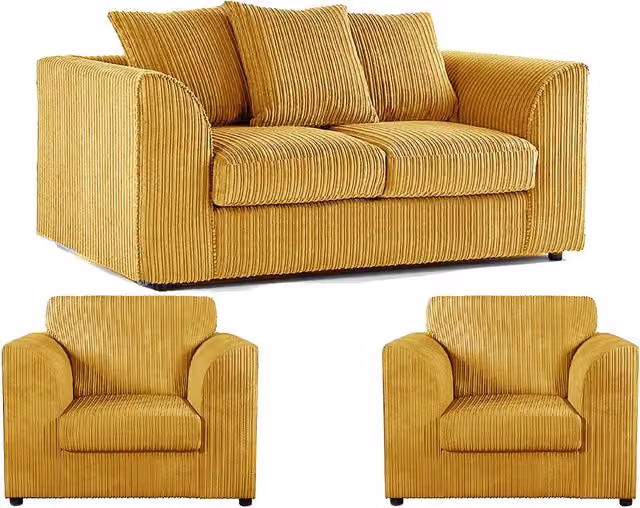 Furnishings For Less UK Luxor 3 Piece Fabric Sofa Suite in Mustard Yellow with Scatter Back and Matching Cushions – 1