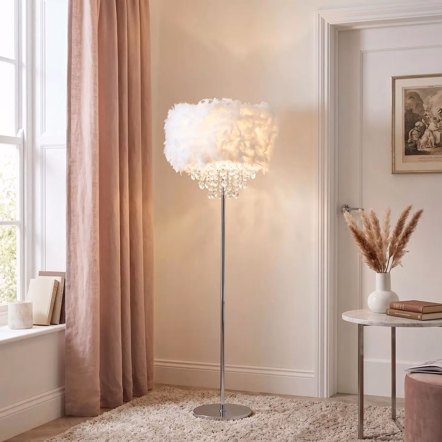 Happy Homewares Modern White Feather Floor Lamp with Transparent Acrylic Droplets, H 145 cm x W 40 cm – 2