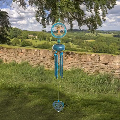 mysmartbuy Blue & Gold Tree of Life Windchime - Metal & Glass Hanging Garden Decoration - H73 x W9 x D10 cm – 2