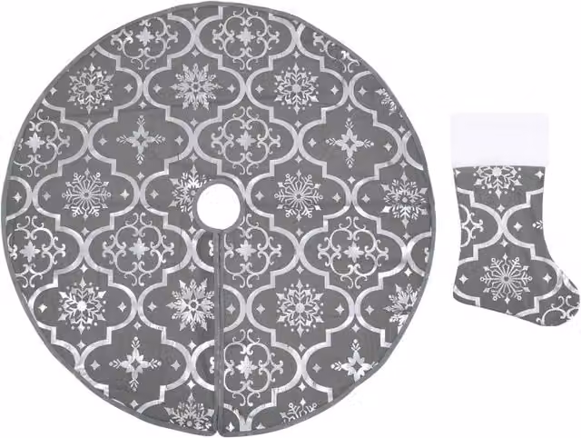 Berkfield Home Luxury Christmas Tree Skirt with Sock in Grey, Diameter: 122 cm