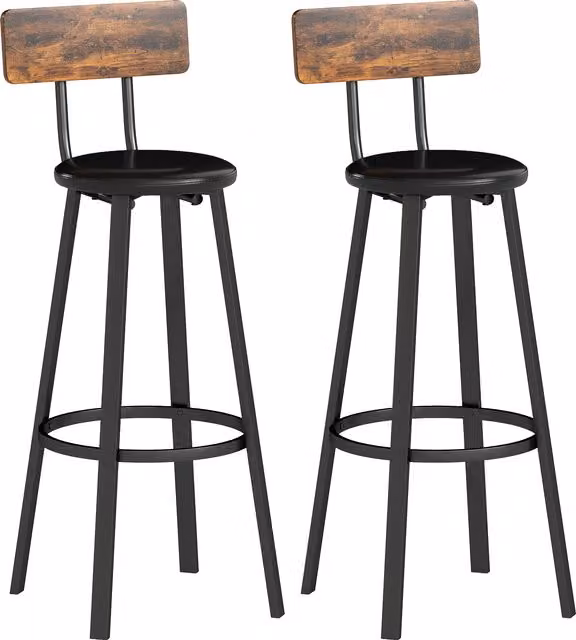 HOMCOM Set of 2 Upholstered Industrial Bar Stools with Backrest and Footrest in Brown and Black
