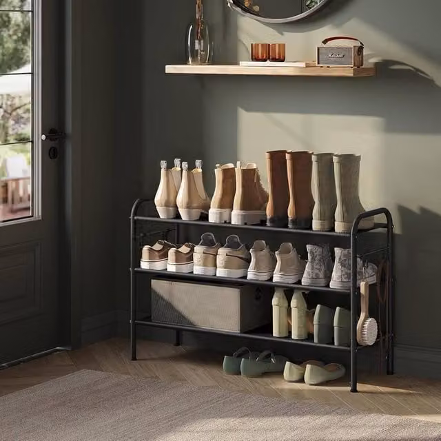 The Bazaarist 3 Tier Closet Shoe Rack with Adjustable Fabric Shelves in Black