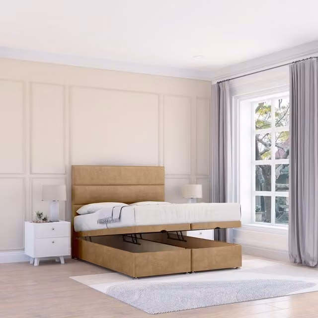 Sloomy Texas Dumfries Super King Fabric Ottoman Bed in Light Beige with Hybrid Memory Mattress and 26 Inch Strut Headboard W/D/H: 200 x 200 cm