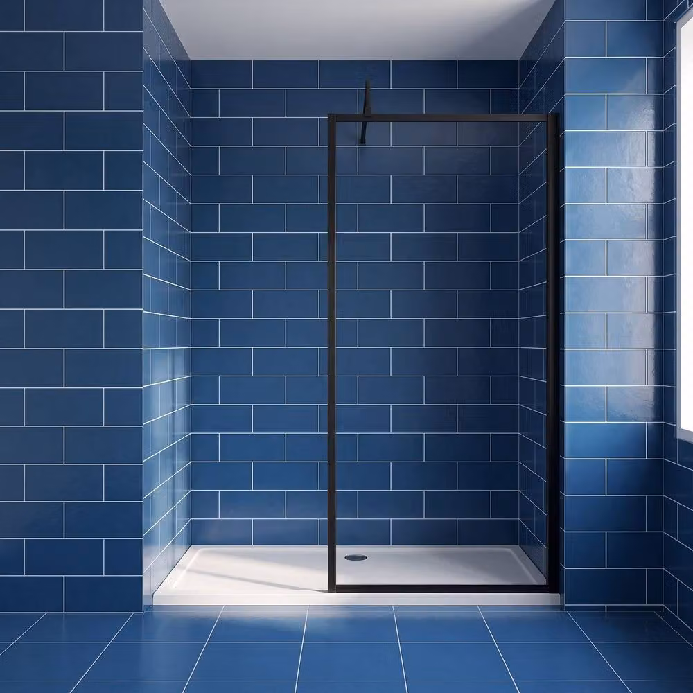 Balterley 8mm Single Panel Clear Glass Wetroom Screen and Support Bar in Black, H 185 cm x W 76 cm – 3