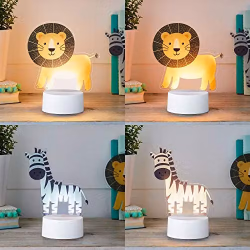 Lights4fun 2 in 1 Lion and Zebra Safari Kids Table Night Light, Warm White LED, Multicolour, W/D/H: 17.0 x 16.0 x 16.0 cm