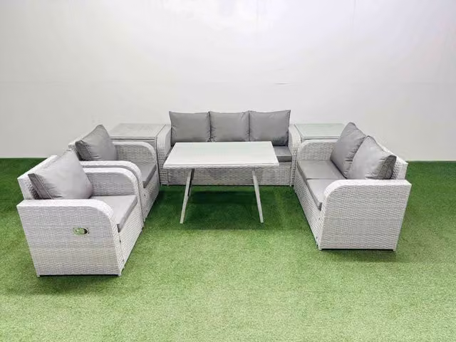 Fimous Outdoor Rectangular Table Sofa Set with Reclining Chair and 2 Side Tables in Light Grey