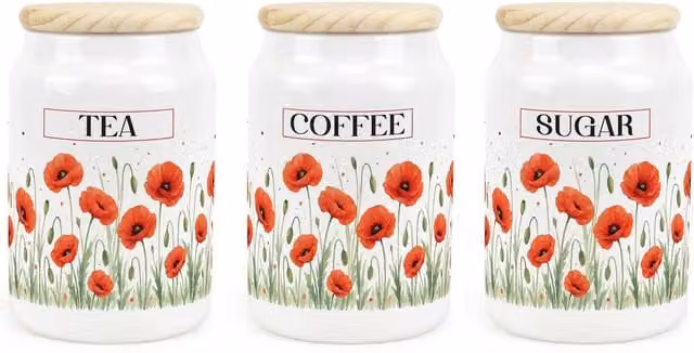 Purely Home Summer Poppies Floral Ceramic Tea, Coffee and Sugar Airtight Canister Set in Red, Brown and Orange