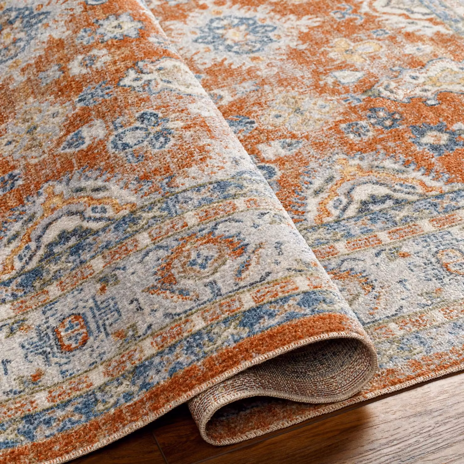 Livabliss Lilian Washable Vintage Boho Living and Dining Room Rug in Burnt Orange and Blue, W/D/H: 66 x 120 cm – 2