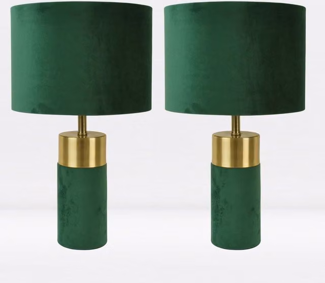 First Choice Lighting Set of 2 Green Velour Table Lamps with Gold/Brass Base