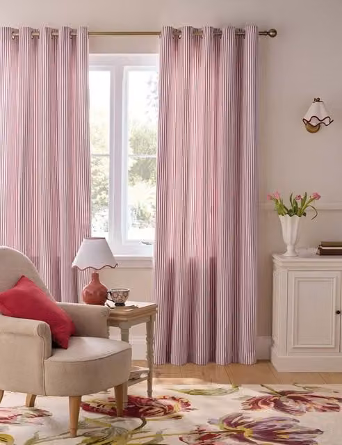 Laura Ashley Cornish Red Mix Striped Chenille Cotton Eyelet Curtains H: 168 cm, W: 137 cm