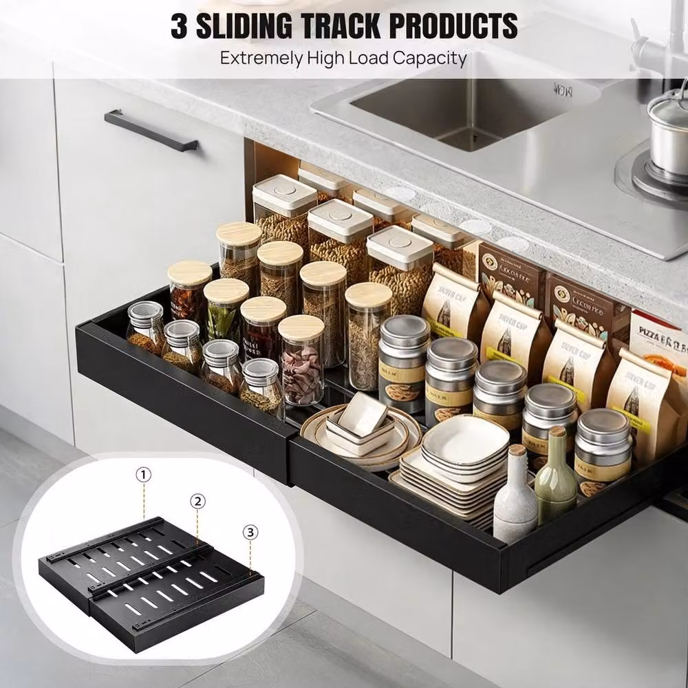 EONLION Black Metal Pull Out Cabinet Organiser with 2 Expandable Storage Drawers – 3