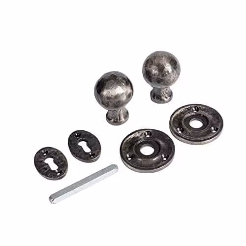 Hammer and Tongs Round Rim and Mortice Door Knob Set in Grey Cast Iron, Diameter: 60 mm
