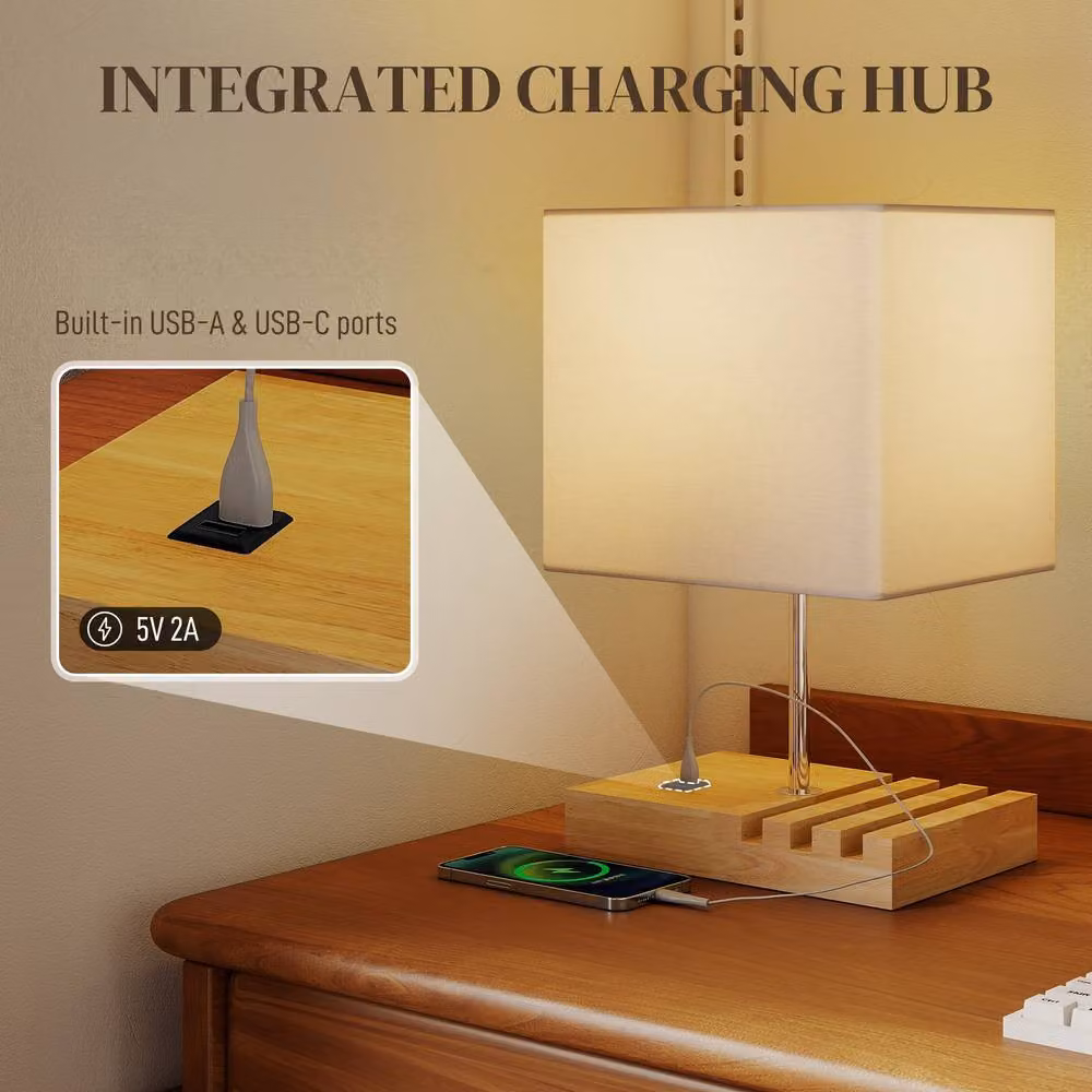 HOMCOM Modern White Table Lamp with Solid Wood Base and Fabric Shade – 4