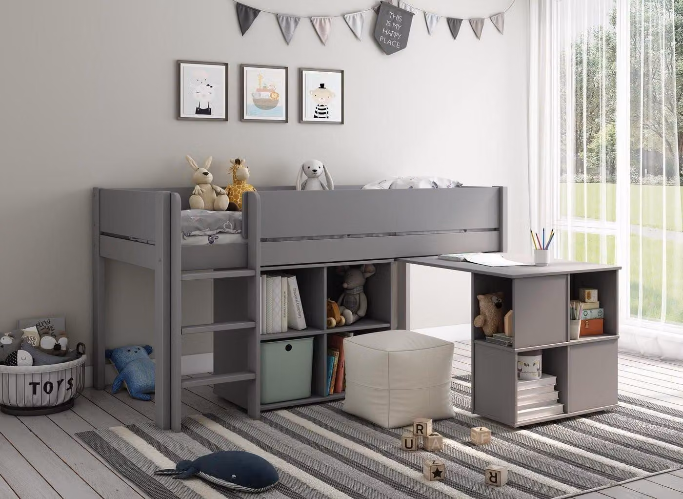 Dreams Anderson Mid Sleeper Bed Frame with Cube and Desk in White or Grey