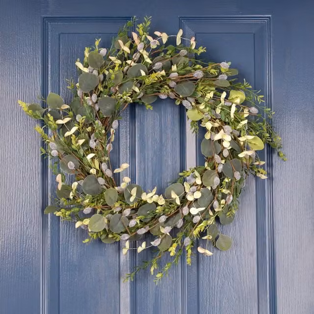 Scottish Everlastings Ltd Green Eucalyptus Foliage and Pussy Willow Wreath, Diameter: 55 cm