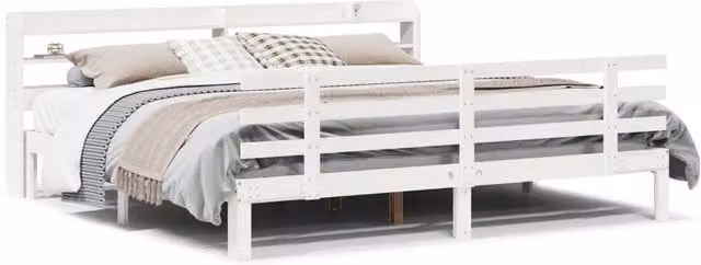 Berkfield Home White Pine Wood Bed Frame with Headboard and Side Compartments, W/D/H: 200 x 200 x 82 cm