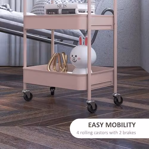 HOMCOM 3-Tier Rolling Utility Storage Trolley with Mesh Baskets in Pink, W/D/H: 45 x 30.6 x 79 cm – 4