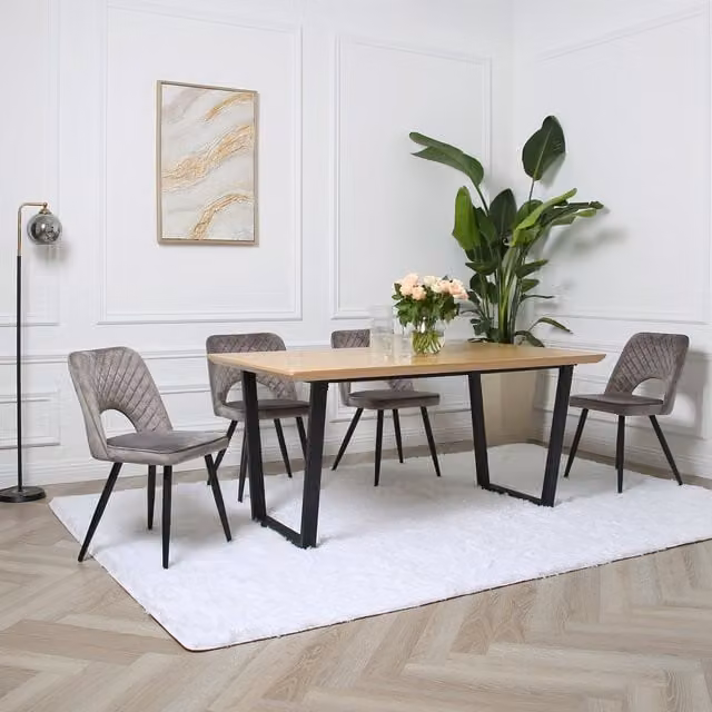 Home Garden Direct Oak Dining Table Set with 4 Grey Metis Velvet Chairs