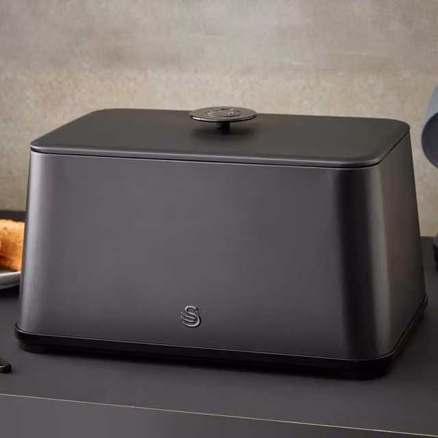 Swans Stealth Bread Bin in Black with Non-Slip Feet and Metal Construction