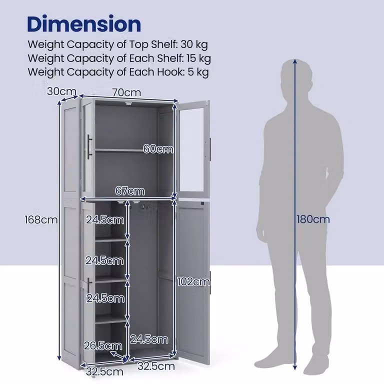 EONLION Grey Wooden Freestanding Broom Closet and Utility Storage Cabinet with Hinged Doors and Internal Shelves