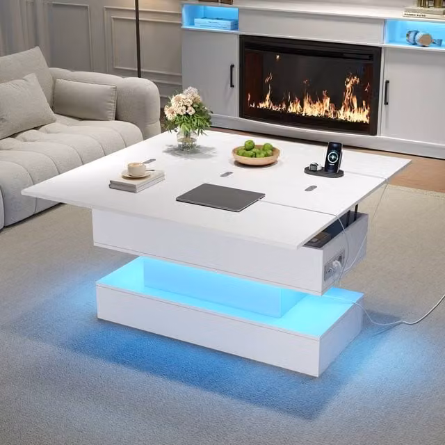 ModernLuxe White Lift Top Coffee Table with Storage and LED Light – 1