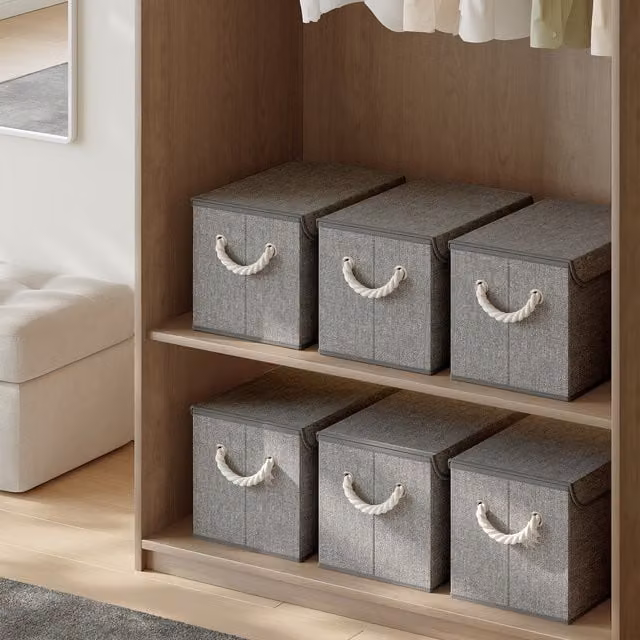 SONGMICS Set of 3 Fabric Storage Boxes with Lids and Handles, Grey, W/D/H: 38 x 25 x 25 cm, 38 x 25 x 23 cm, 38 x 25 x 25 cm