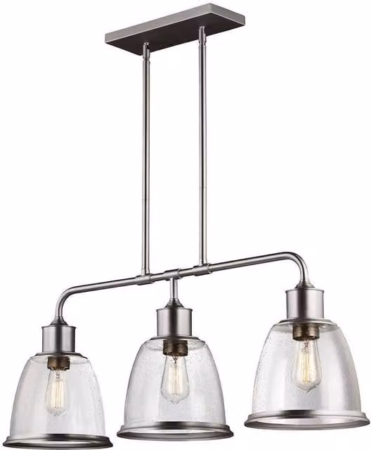 Elstead Hobson 3 Light Industrial Bar Pendant Ceiling Chandelier in Silver and Grey with Transparent Glass, E27