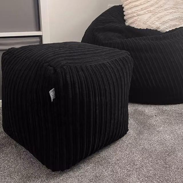 rucomfy Indoor Jumbo Cord Bean Bag Footstool - Black Cube Pouffe