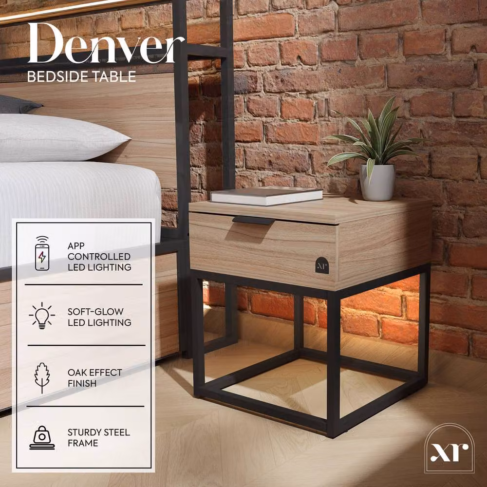 X Rocker Denver Bedside Table with Integrated LED App Control Lights in Light Oak – 2