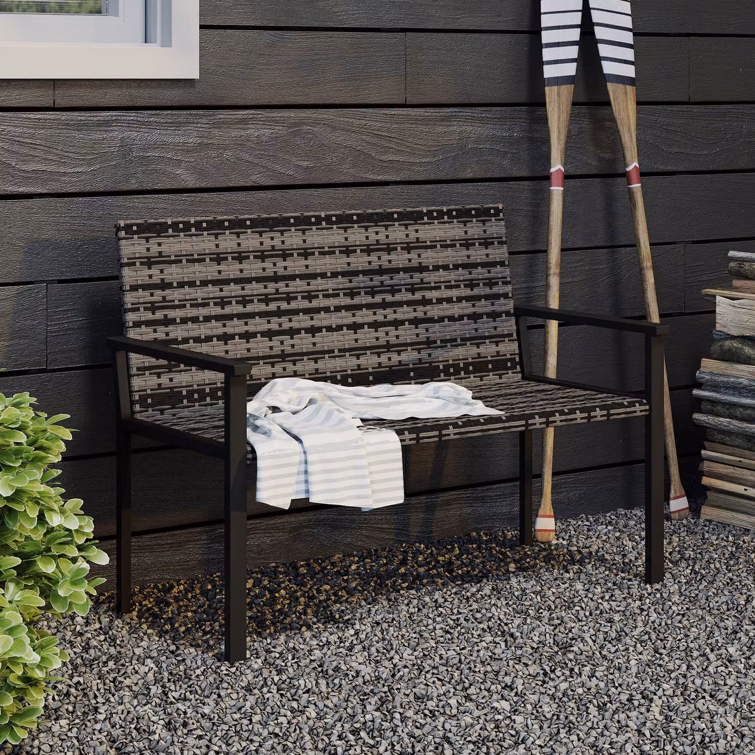 Outsunny 2 Seater Rattan Garden Bench with Armrests and Quick-Drying Cushions, Mixed Grey – 9