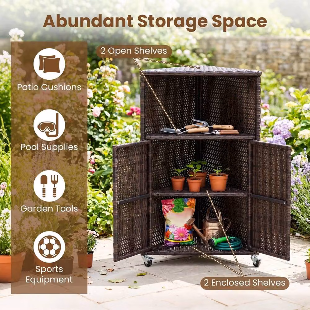 KORVIXA Brown Rattan Outdoor Corner Storage Cabinet with Hinged Doors and Internal Shelves, W/D/H: 100 x 100 x 100 cm – 5
