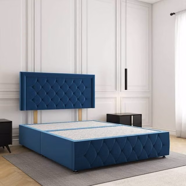 Regional Furnishings Super King Divan Bed with 24 inch Plush Velvet Headboard and Footboard in Blue, W/D/H: 200 x 200 cm