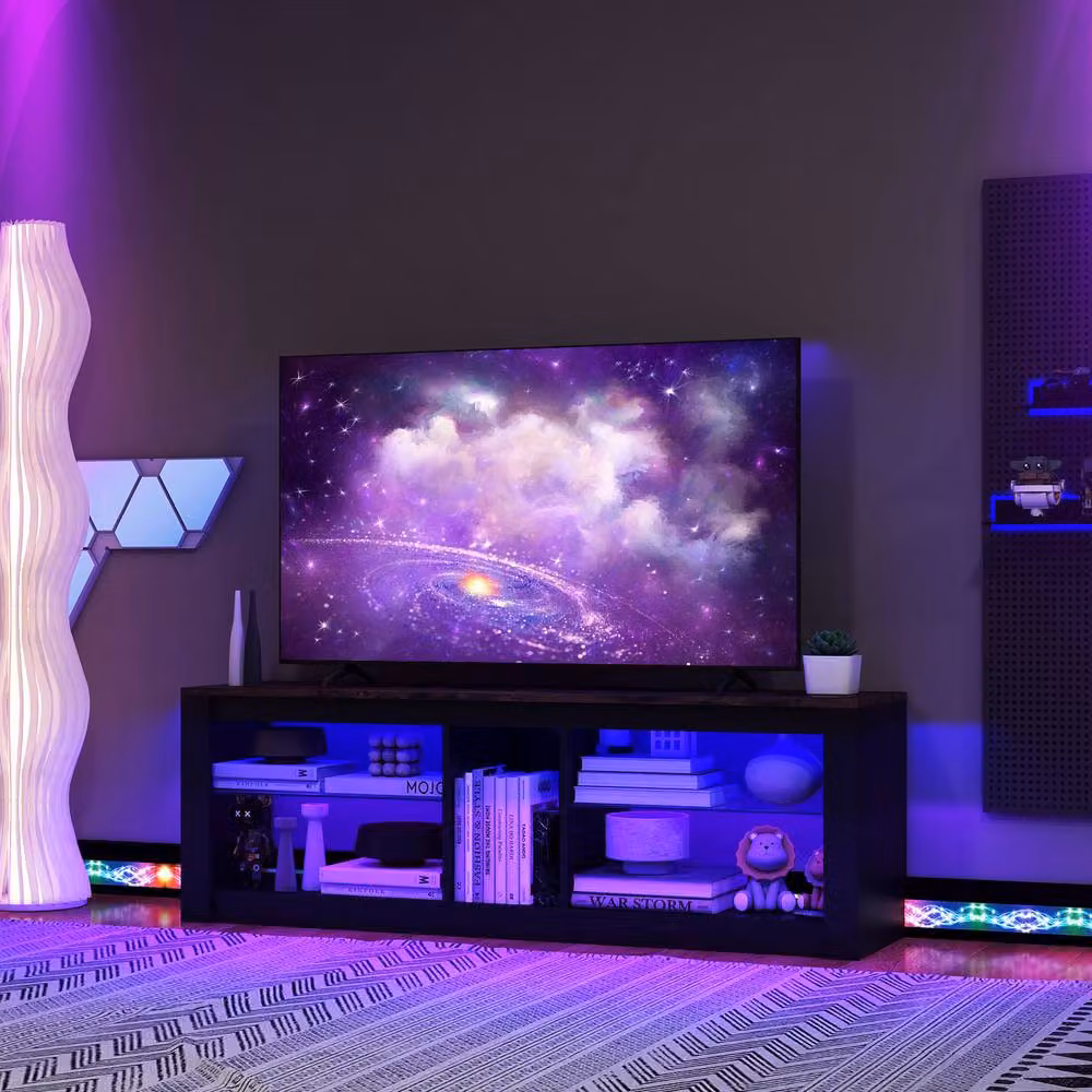 Gymax Modern Brown TV Stand with LED Light and Adjustable Shelves for TVs up to 65 Inch – 2