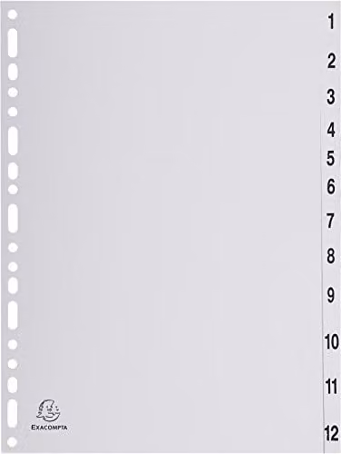 Exacompta Grey Recycled PP A4 Dividers with 12 Numbered Tabs